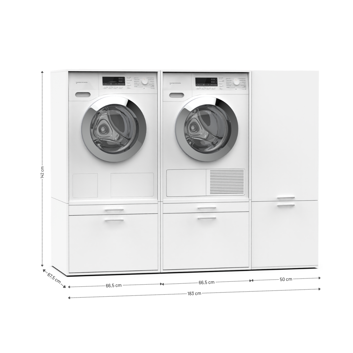 White front-load washing machine and dryer set with matching storage cabinet, modern design.