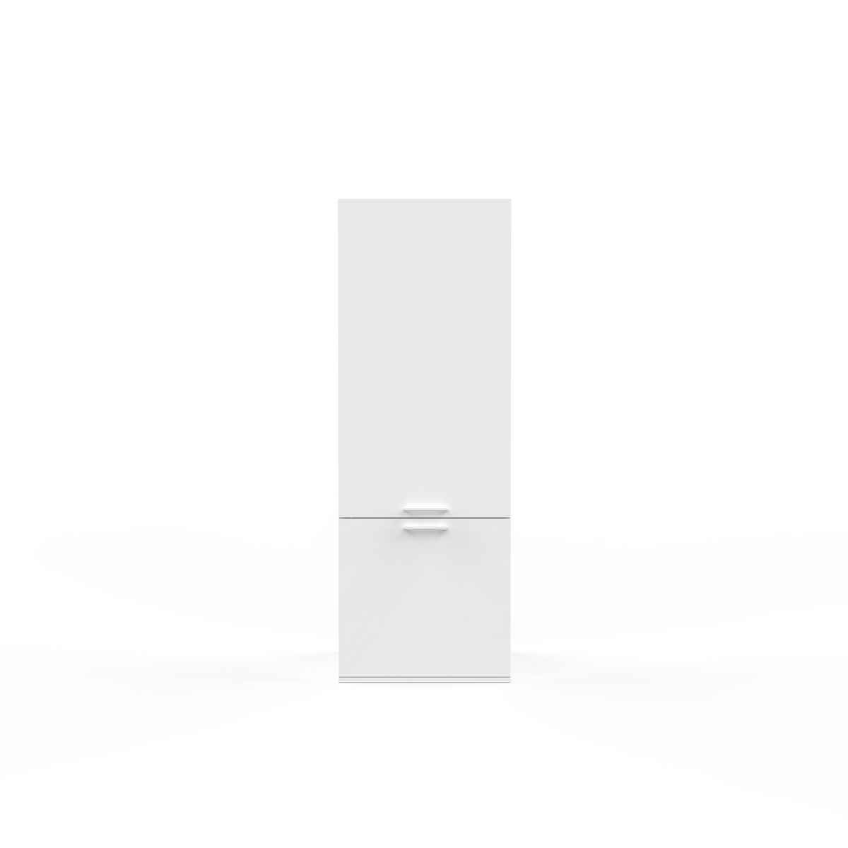 Tall white storage cabinet with single door and slim silver handle on plain background.
