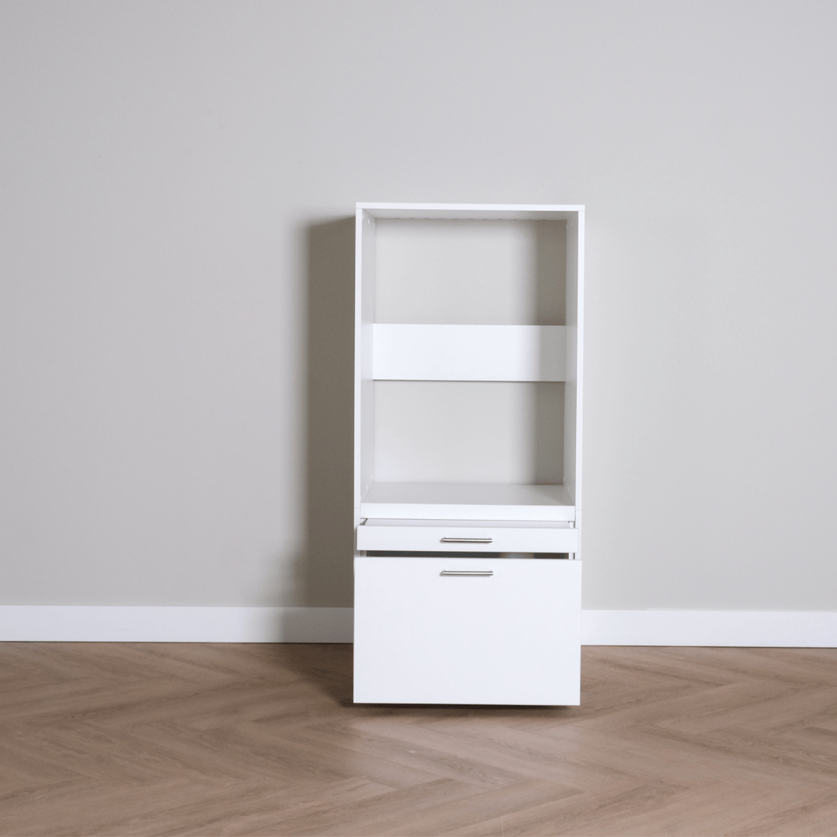 White wooden cabinet with two drawers and open shelving, minimalist modern design.