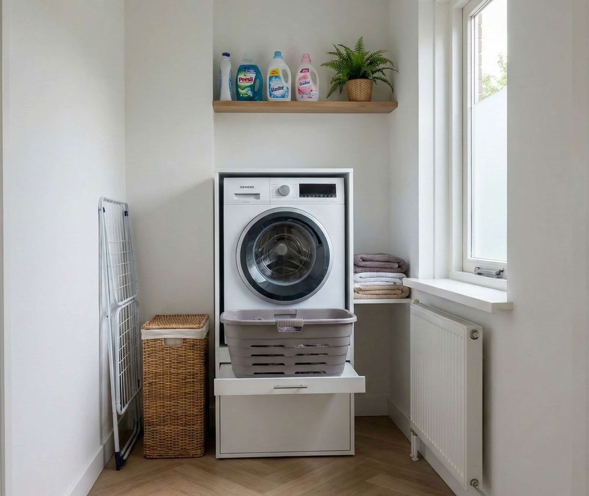 White front-loading washing machine stacked on a minimalist white base cabinet in a corner laundry space.