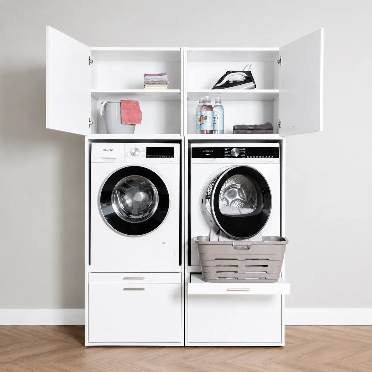 White Duo Set High laundry cabinet with open doors, featuring two front-loading washers and storage shelves above and below.