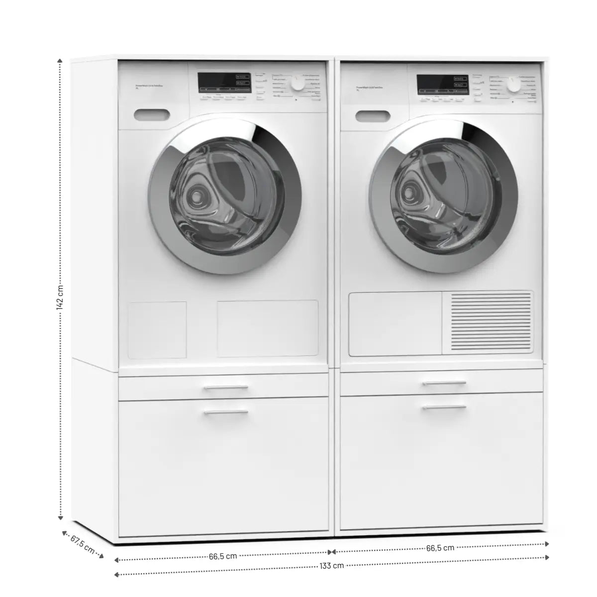 White front-loading washing machine and dryer set stacked on white pedestal drawers with digital display panels and.