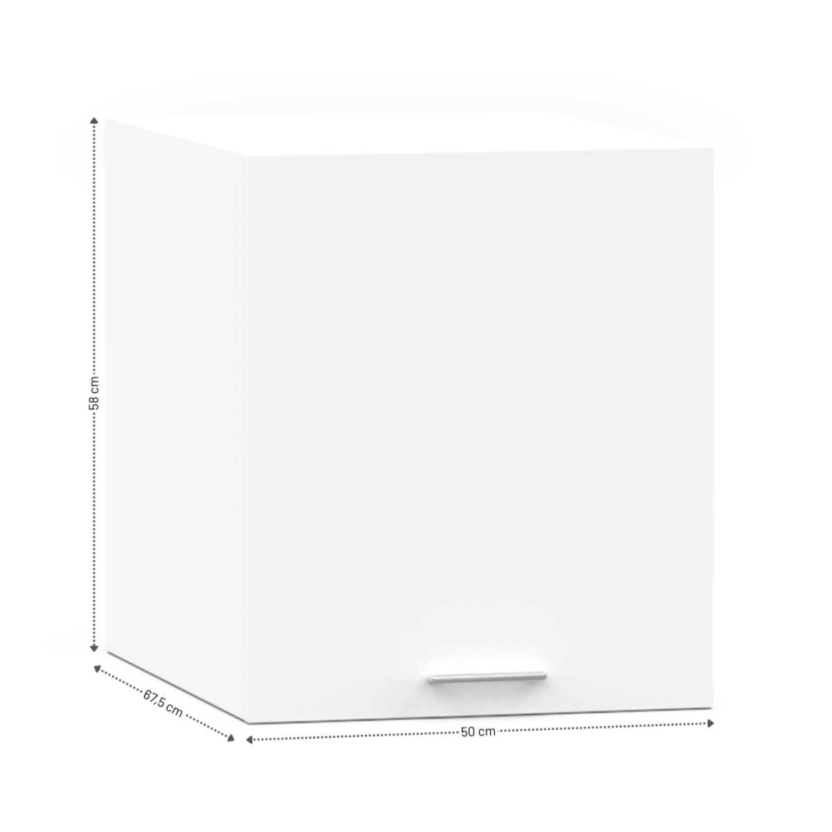 White wall cabinet with a single door and minimalist handle, 50x55x54 cm.